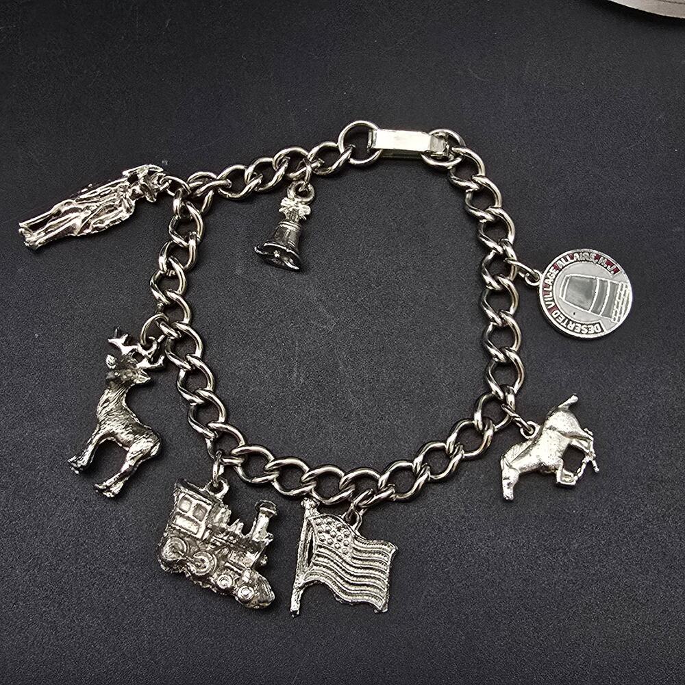Vintage Silver Tone Charm Bracelet Train Flag Horse Deer Costume Jewelry
